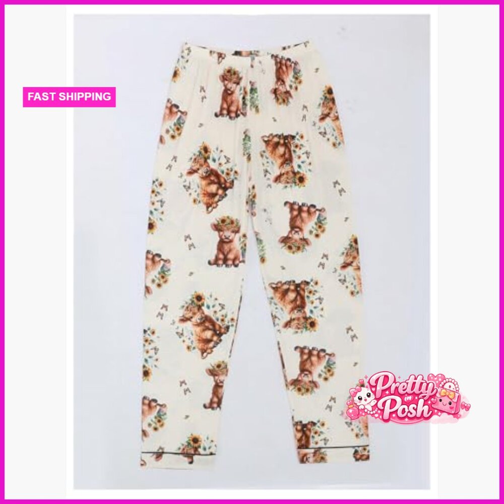 Polyester Pajama Set With Bear Print Button Down … - image 5